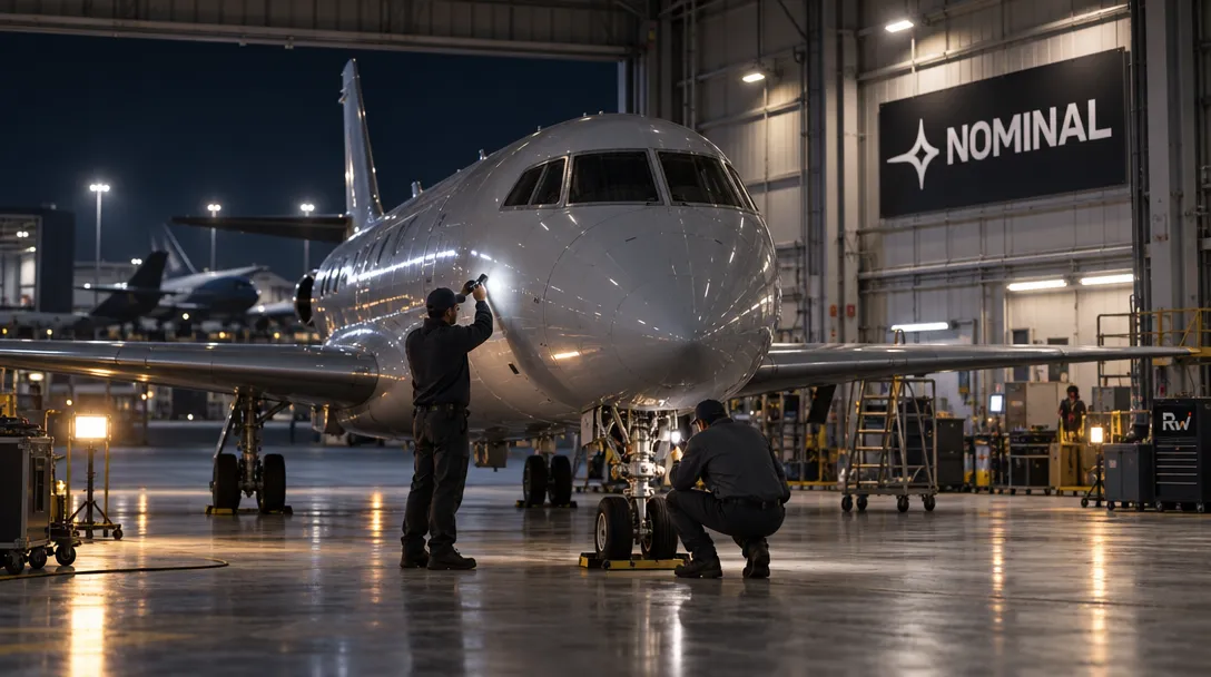 Two workers inspect a passenger jet in a hangar beneath a wall sign reading “NOMINAL.”