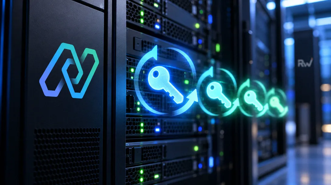 Black server racks with green and blue indicator lights, glowing key symbols encircled by arrows, and a blue-green emblem.