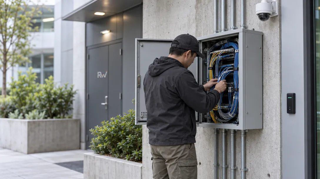 A man works on blue and yellow cables inside an open wall cabinet; a security camera and door marked “RW” are nearby.