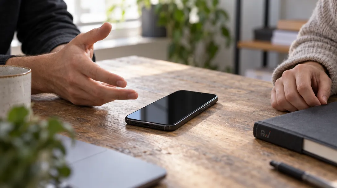 A blank-screen smartphone rests between two collaborators at a worktable, suggesting Nous Research’s plans for a Hermes Agent mobile app.