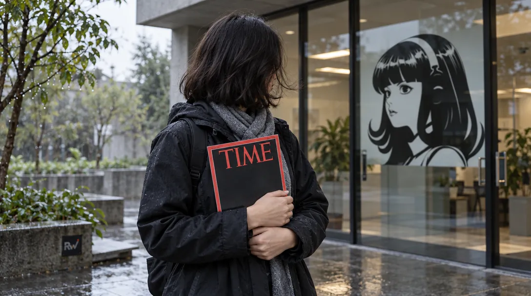 A researcher holds a TIME magazine in a rain-washed courtyard outside a building marked with the Nous Research logo.