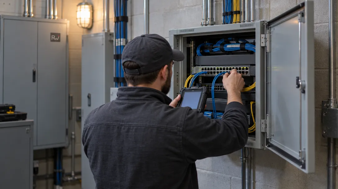 A network technician connects a handheld service terminal to a switch inside an open communications cabinet.