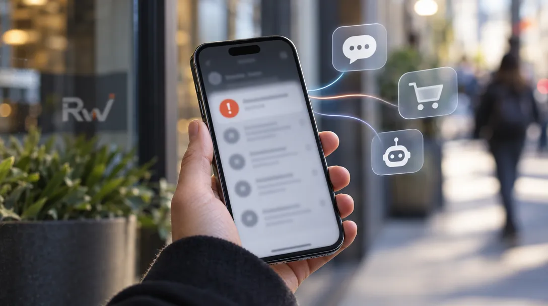 A hand holds a smartphone displaying blurred notifications, with floating chat, shopping cart, and robot icons beside it.