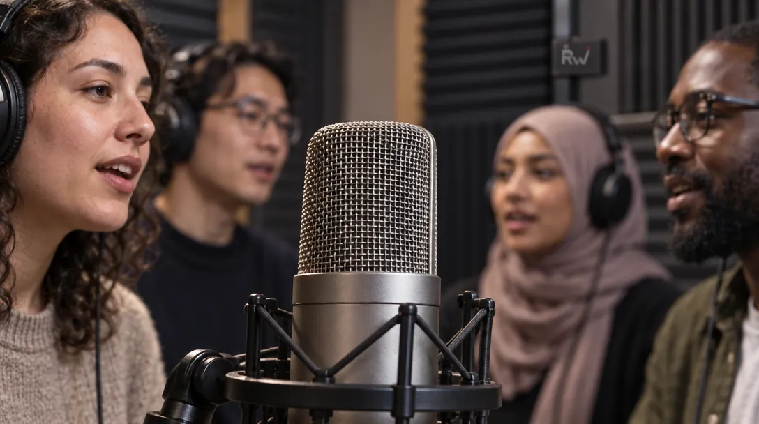 Four people wearing headphones speak or sing around a large studio microphone.
