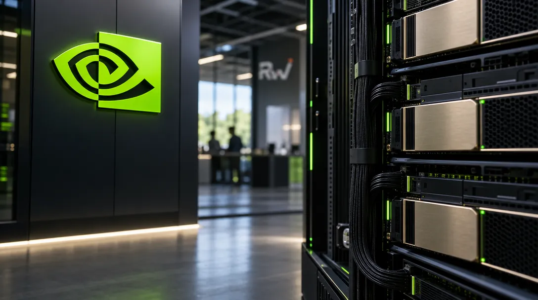 A glowing green NVIDIA eye logo hangs beside server racks with cables and indicator lights.
