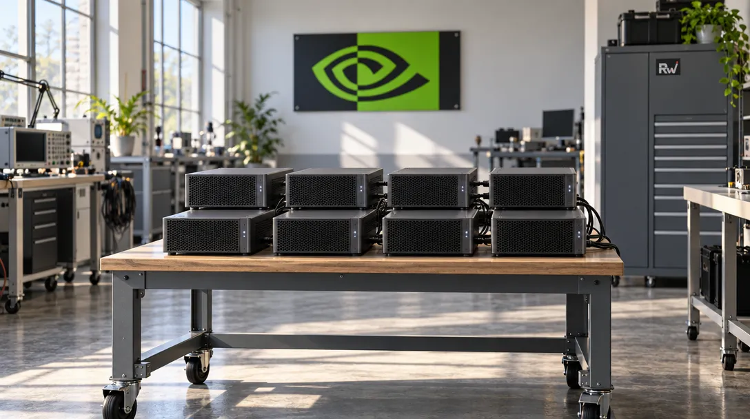 Eight compact computing systems linked together sit on a lab cart beneath a clearly visible NVIDIA sign.