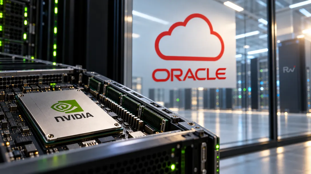 An NVIDIA-branded chip sits in an open server rack with green lights, beside a sign displaying the Oracle cloud logo.