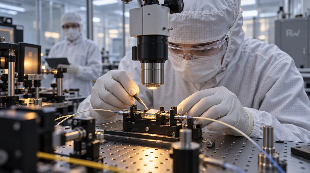A cleanroom worker uses tweezers to handle a small component beneath a microscope; another worker stands behind, and a cabinet bears the letters “Rw.”