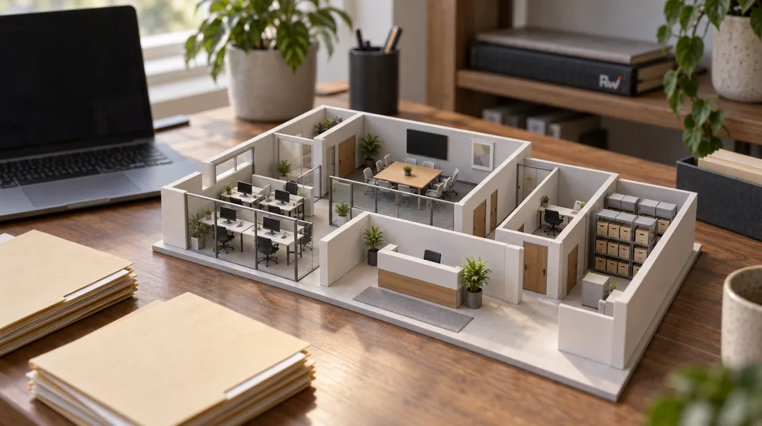 A miniature office model sits beside an open laptop and duplicate stacks of blank folders.