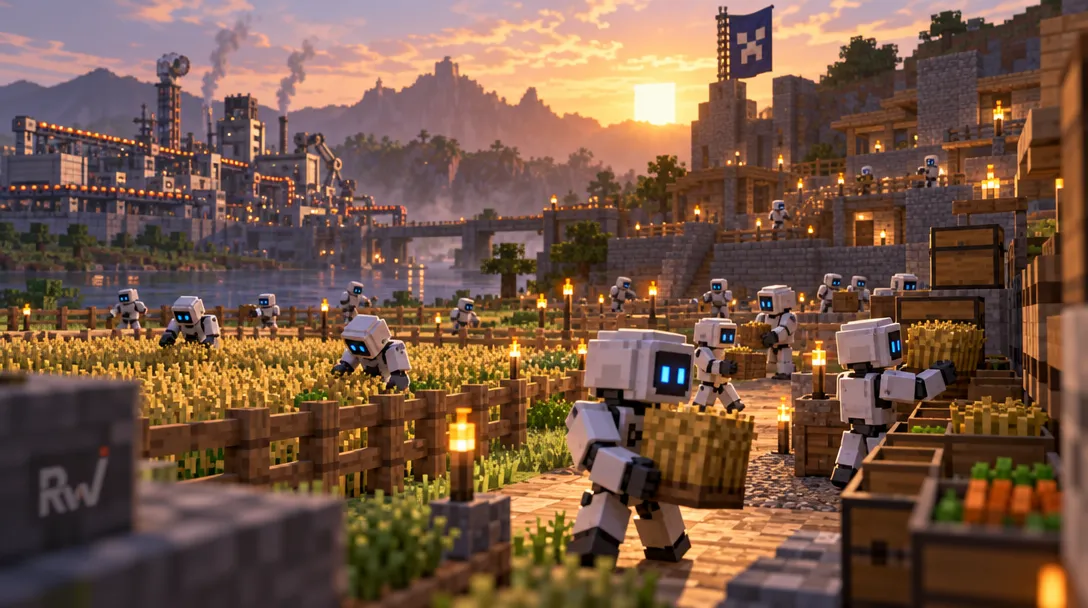 Blocky white robots carry crates through a torch-lit wheat farm beside stone buildings, factories, and a river at sunset.