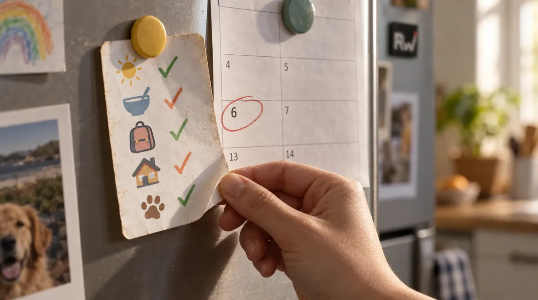A hand holds an illustrated checklist beside a refrigerator calendar with the number 6 circled.