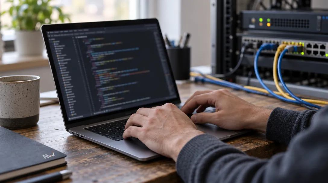An engineer works on code beside network equipment, illustrating OllyGarden’s effort to improve telemetry before it reaches monitoring systems.