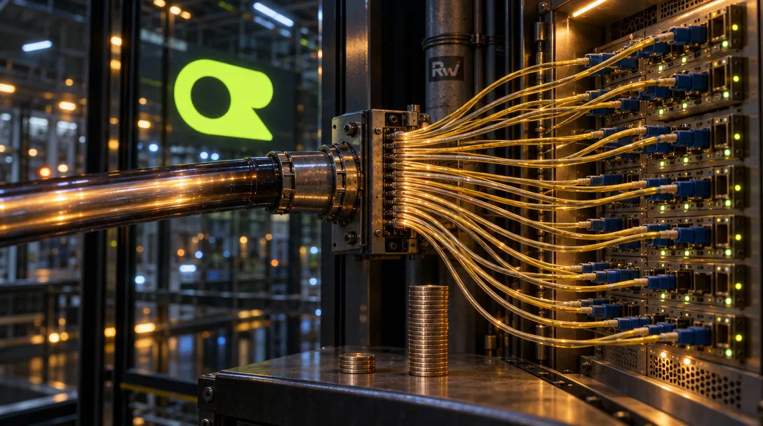 A metal pipe connects to server racks through bundles of amber cables, with a bright green symbol and an “RW” label visible.