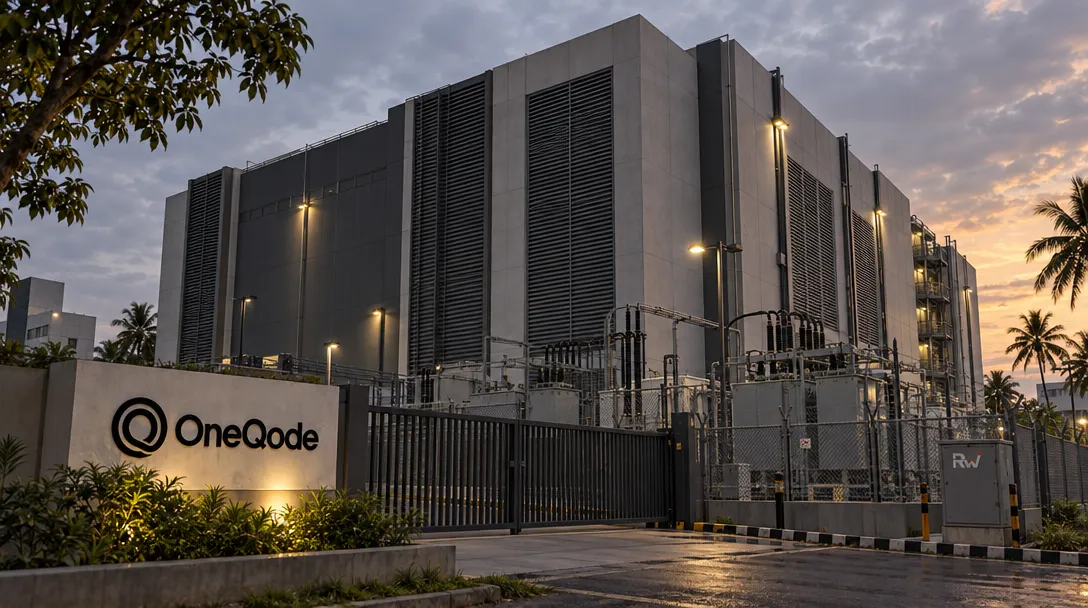A large gray building behind a gated electrical yard bears a OneQode sign, with an RW-marked utility box, palm trees, and wet pavement.