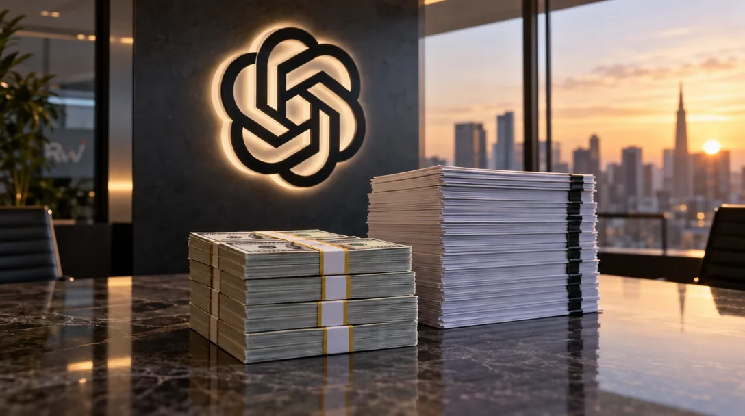 Stacks of cash and papers sit on a glossy table beneath an illuminated OpenAI logo, with a sunset skyline beyond the windows.