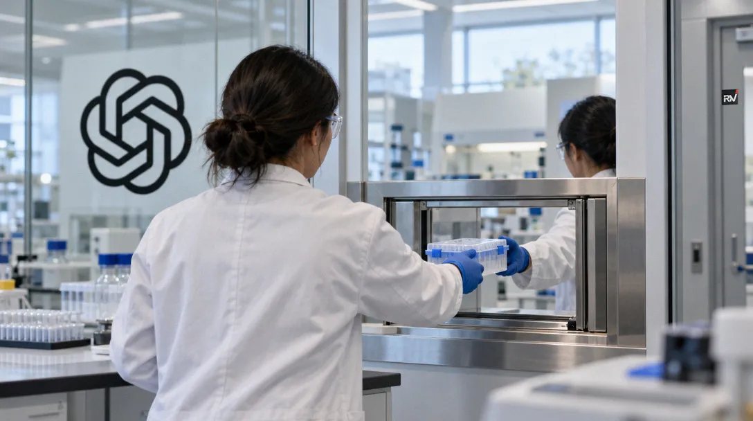 Researchers pass a sealed sample carrier between adjoining biotech lab and operations spaces beneath an OpenAI wall sign.