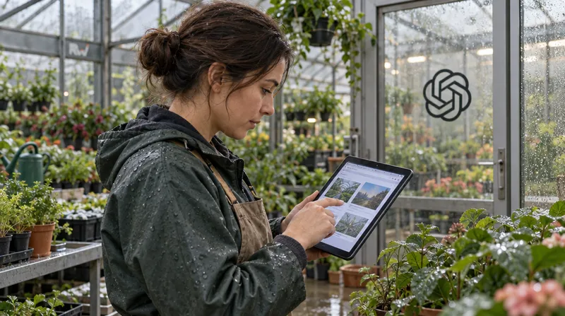 A greenhouse worker uses a tablet displaying a browser with several open tabs, with an OpenAI logo on the glass entrance behind them.