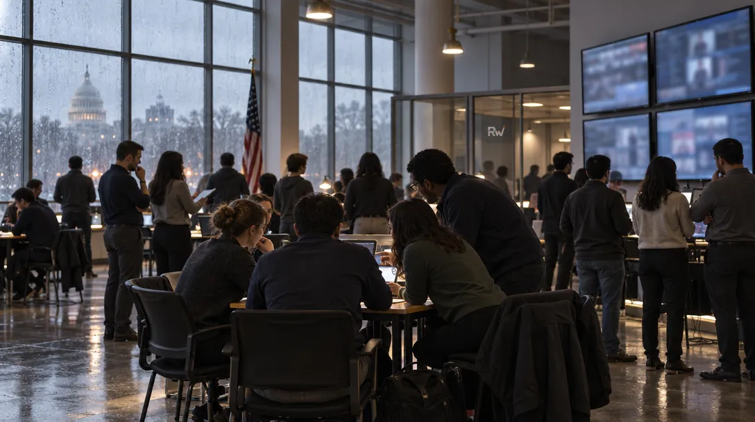 People gather around tables in a busy office, with wall screens, an American flag, and rain-streaked windows overlooking a domed building.