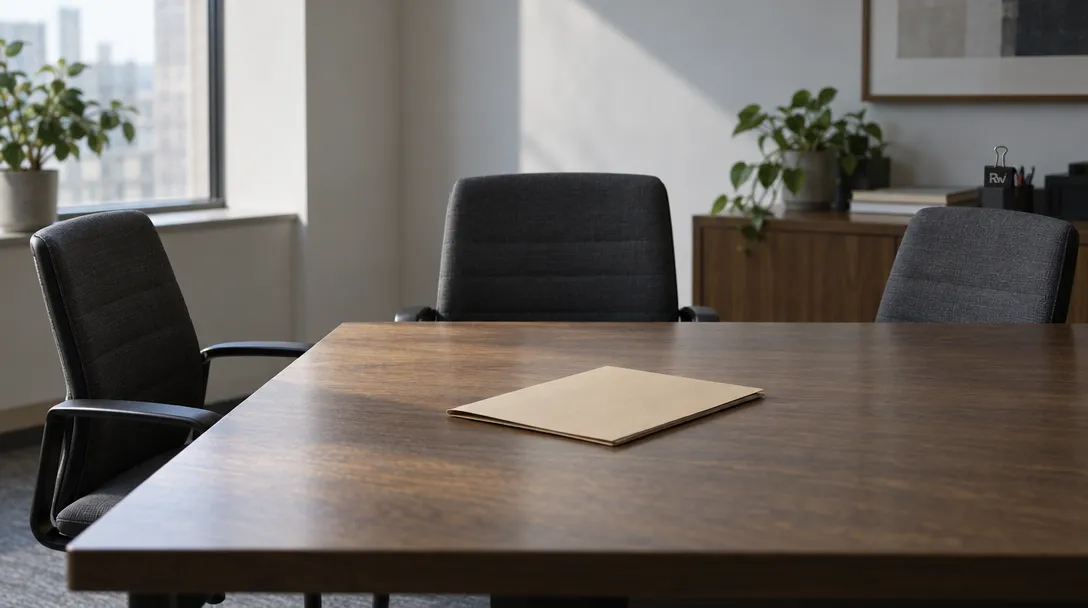 Three empty chairs surround a meeting table with a closed folder, representing OpenAI's departures after an internal investigation.