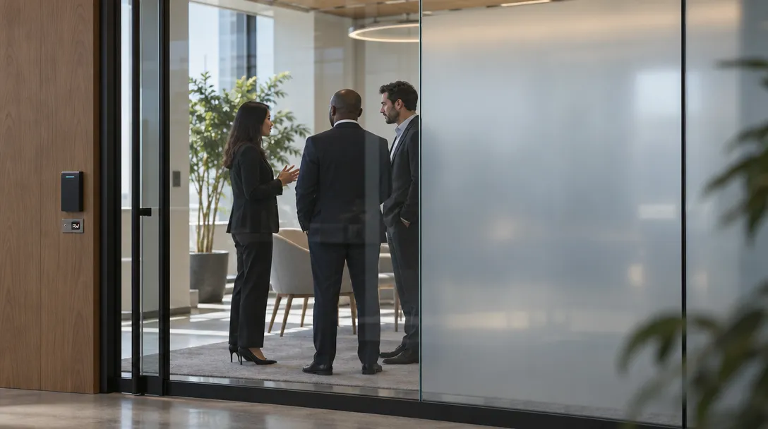 Three formally dressed people talk in a glass-walled office as a woman gestures; a door panel reads “2N.”