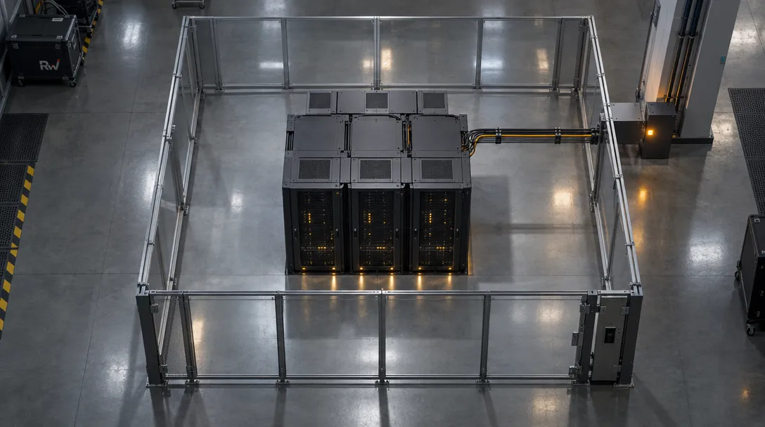Three illuminated black server racks sit inside a fenced enclosure on a polished concrete floor.