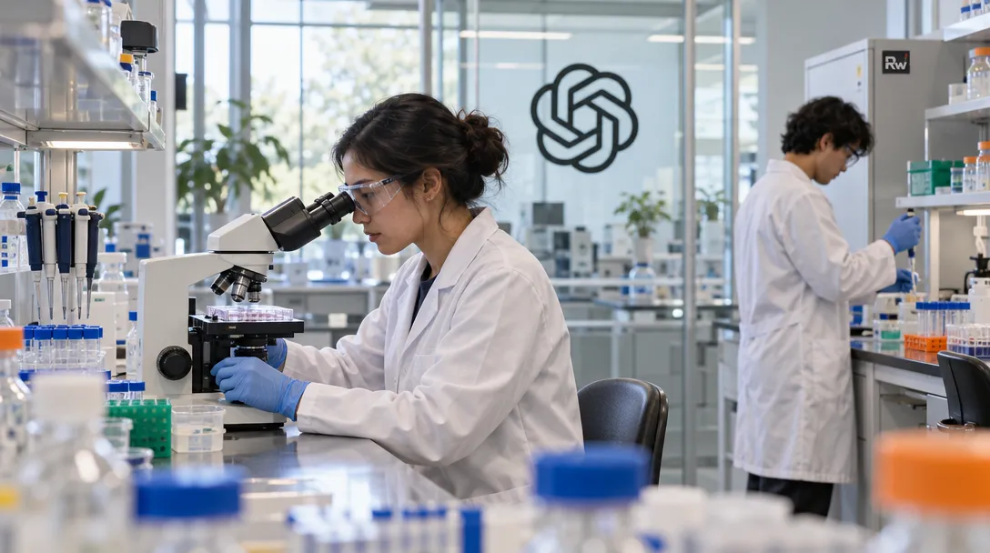 A university biology researcher examines a sample plate at a microscope while a colleague prepares samples beside an OpenAI logo.