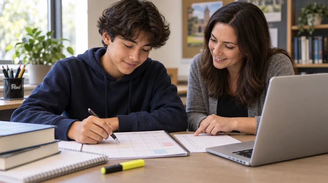A high-school student and college adviser review a college-planning calendar and checklist beside a laptop and study materials.