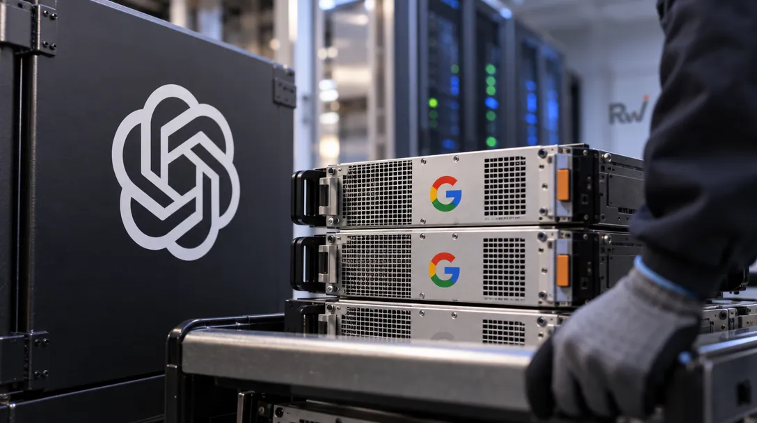 A gloved hand steadies a cart carrying stacked Google-logo servers beside a black case bearing the OpenAI logo.