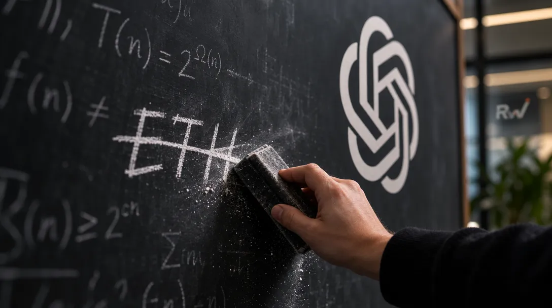 A hand erases chalk equations from a blackboard beside the OpenAI logo.