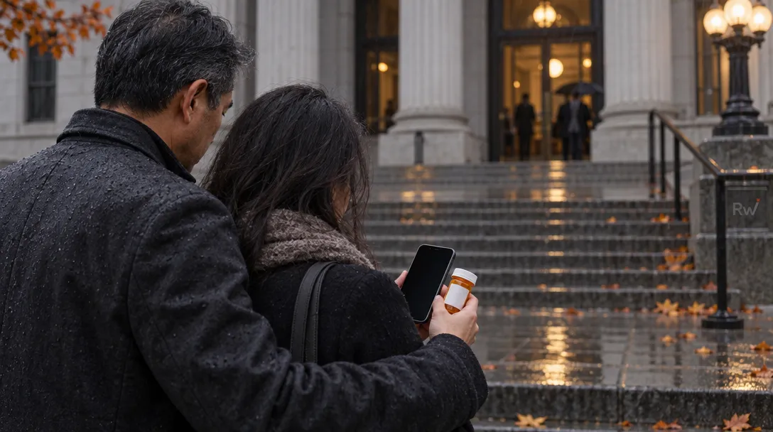 A man stands with his arm around a woman holding a phone and orange prescription bottle beside wet stone steps; “RW” is marked on a stone post.