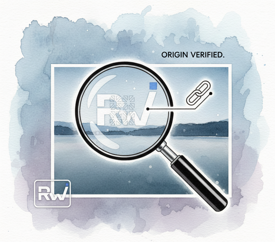 A digital image undergoing provenance verification and watermarking (Watercolor and ink - wet-on-wet washes for the digital image background, sharp ink lines for iconography and detail, masking-fluid highlights for digital glow effects.)