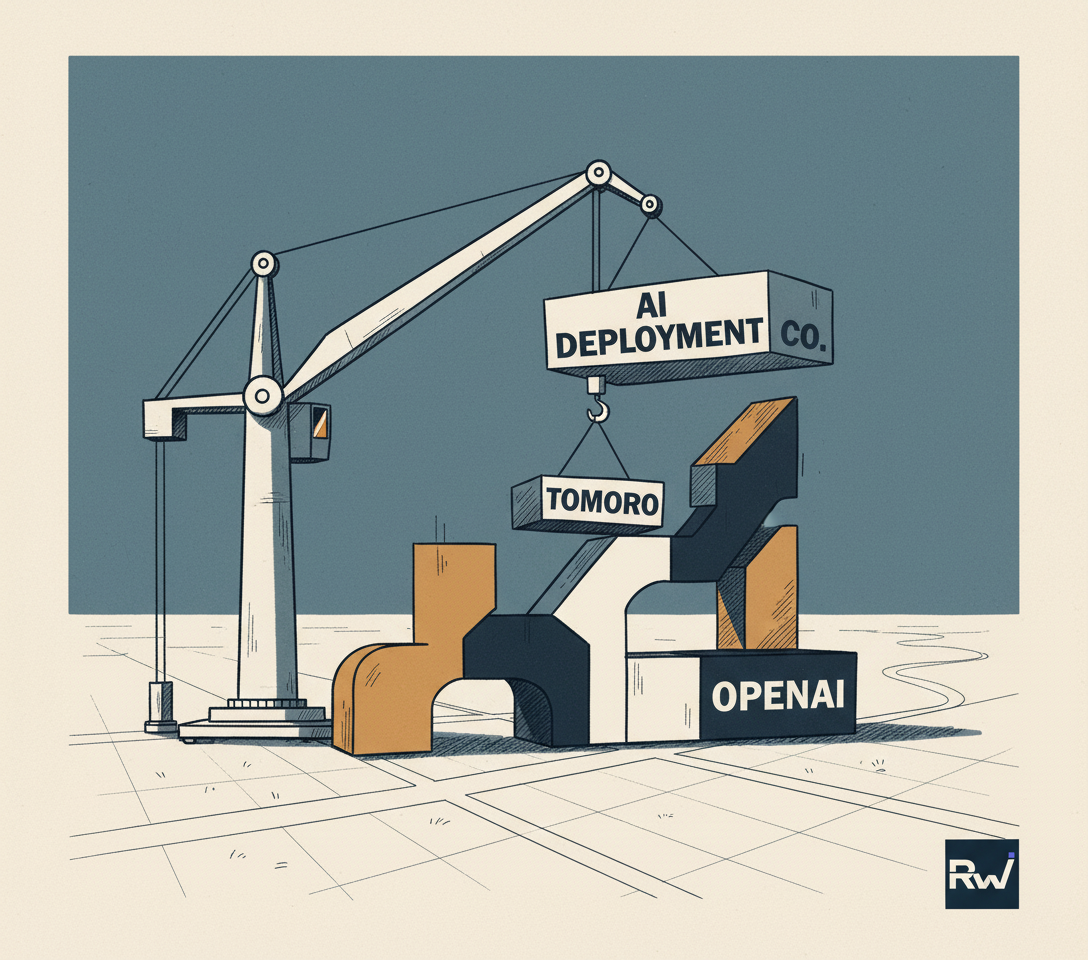 The strategic acquisition and formation of a new company focused on AI deployment (hand-drawn editorial illustration in the spirit of a New Yorker cover)