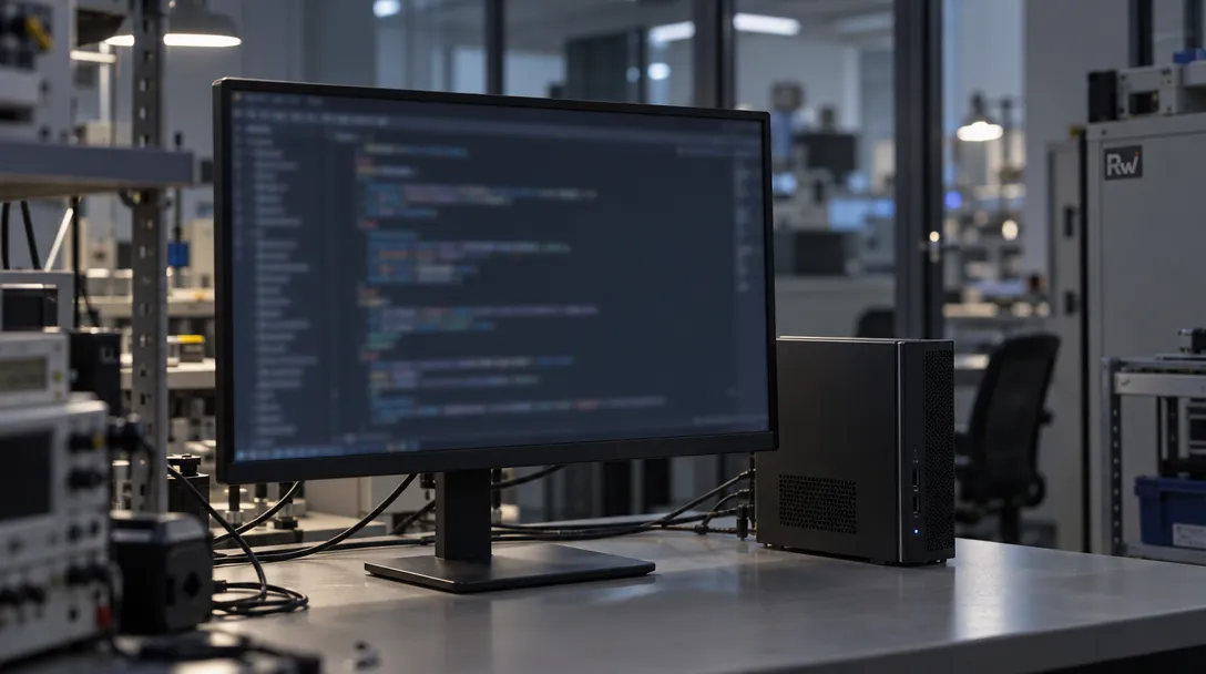 A monitor displaying code sits beside a compact desktop computer on a metal workbench in a lab, with equipment and an “Rw” label behind it.