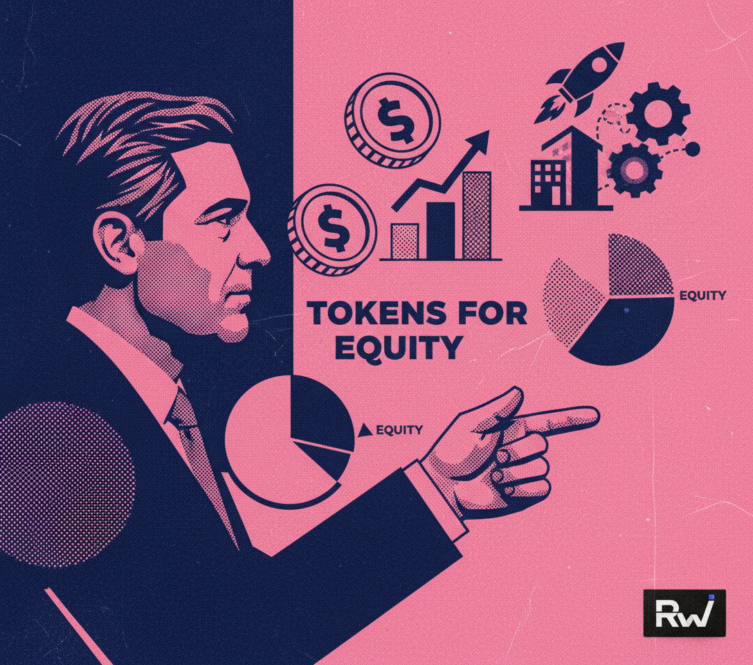 Sam Altman's offer of OpenAI tokens for startup equity (Risograph two-color print — coarse grain, two ink layers (fluorescent pink + navy), visible misregistration)