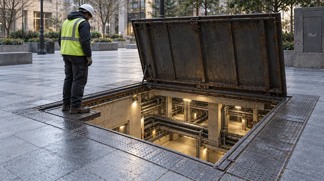 An open city utility hatch reveals a broad underground conduit space, evoking OpenBSD 8.0’s expanded amd64 kernel address space.