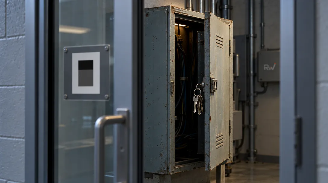 A slightly open old equipment cabinet with a ring of keys is framed by a glass door bearing the OpenCode logo.