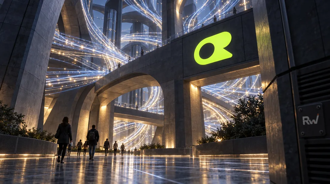 A few people walk through a monumental passageway as many luminous branching paths stream through it beneath an OpenRouter sign.