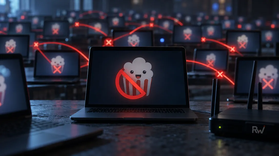 Rows of laptops display a crossed-out popcorn icon, linked by glowing red lines and X marks; a device labeled “RW” sits at right.