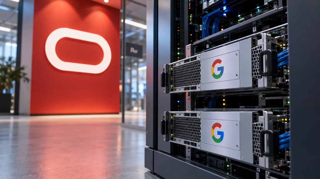Two silver servers with Google “G” logos sit in a rack beside a red wall bearing a white Oracle logo.