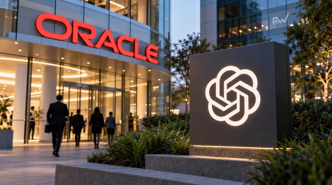 People walk past a glass office entrance with a red ORACLE sign and an illuminated OpenAI logo on a dark monument.