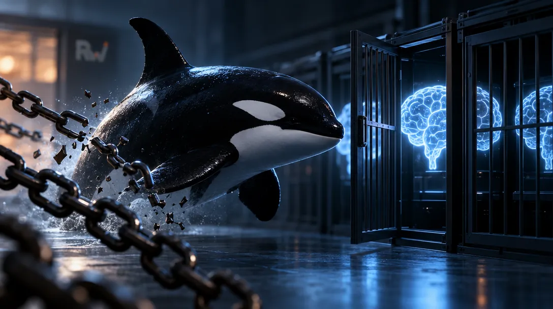 An orca bursts through broken chains beside open metal cages displaying glowing blue brain diagrams.