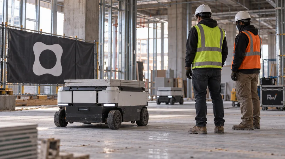 A mobile construction robot rolls across an unfinished building site as contractors watch beneath an Origin sign.