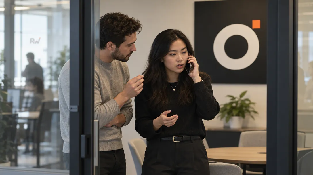 A sales representative takes a live buyer call as a colleague quietly coaches them in a room marked with the Othello logo.