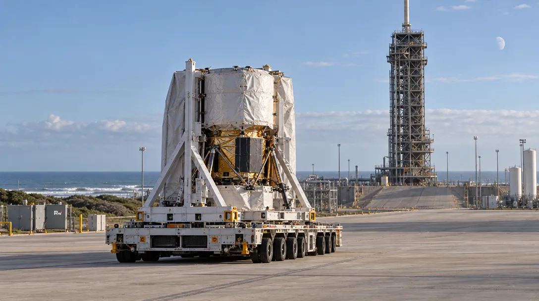A wrapped spacecraft-like structure rides on a multi-wheel transporter across a launch pad, with a tall gantry tower and ocean behind it.