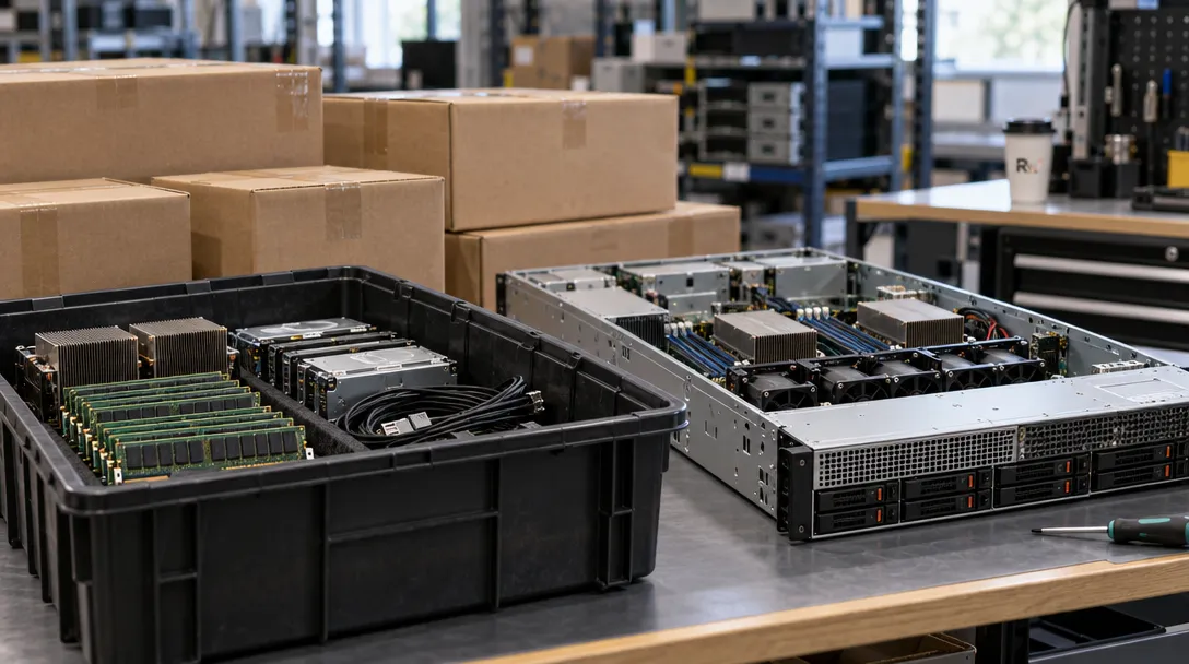 Unbranded server components and boxed hardware await assembly, illustrating Oxide Computer's funding to buy equipment before deliveries.