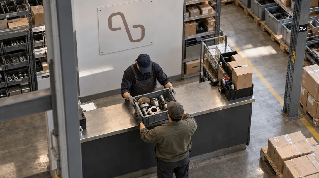 Two workers coordinate a parts handoff at an industrial supply counter beneath a Pactum sign.