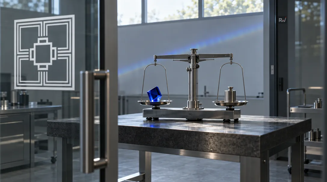 A blue glass form and calibration weight sit on a precision balance inside a testing lab, with the Paper Instruments logo on the glass doorway.