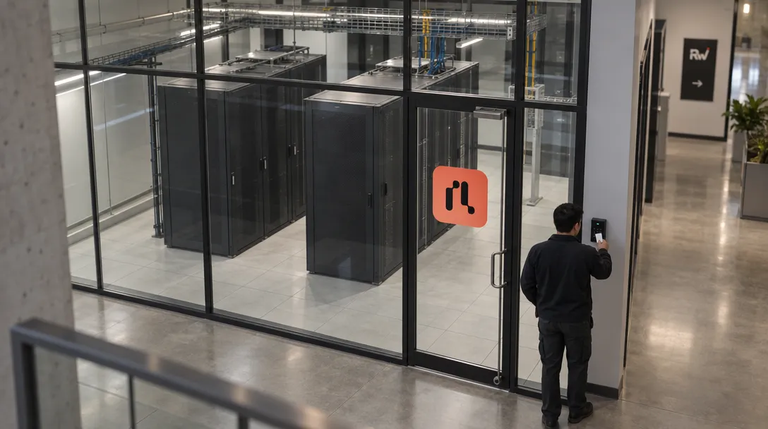 A technician stands at the entrance to a secured client computing room marked with the Parallel Loop logo.