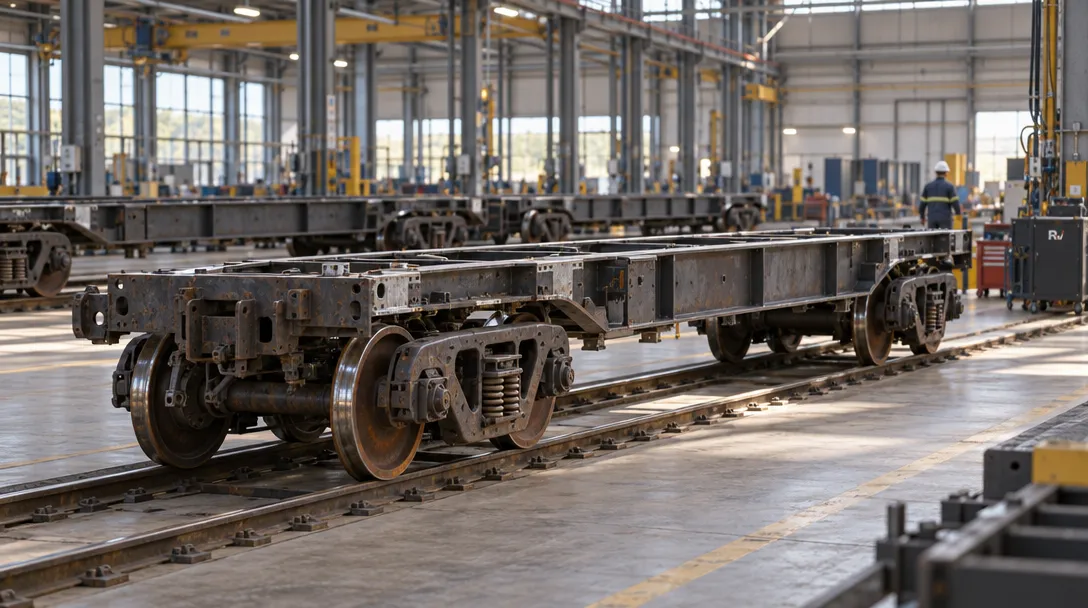 An unfinished freight railcar underframe sits on tracks inside an assembly hall, with other railcar frames behind it.