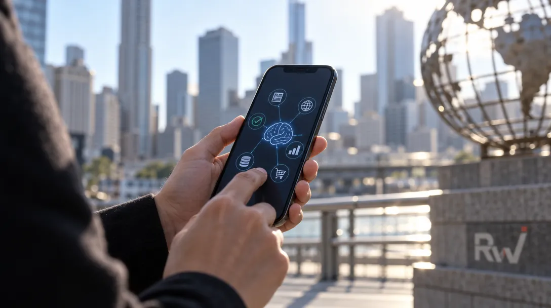 A person taps a smartphone displaying connected icons beside a city skyline and metal globe sculpture; “Riv” is visible on a wall.